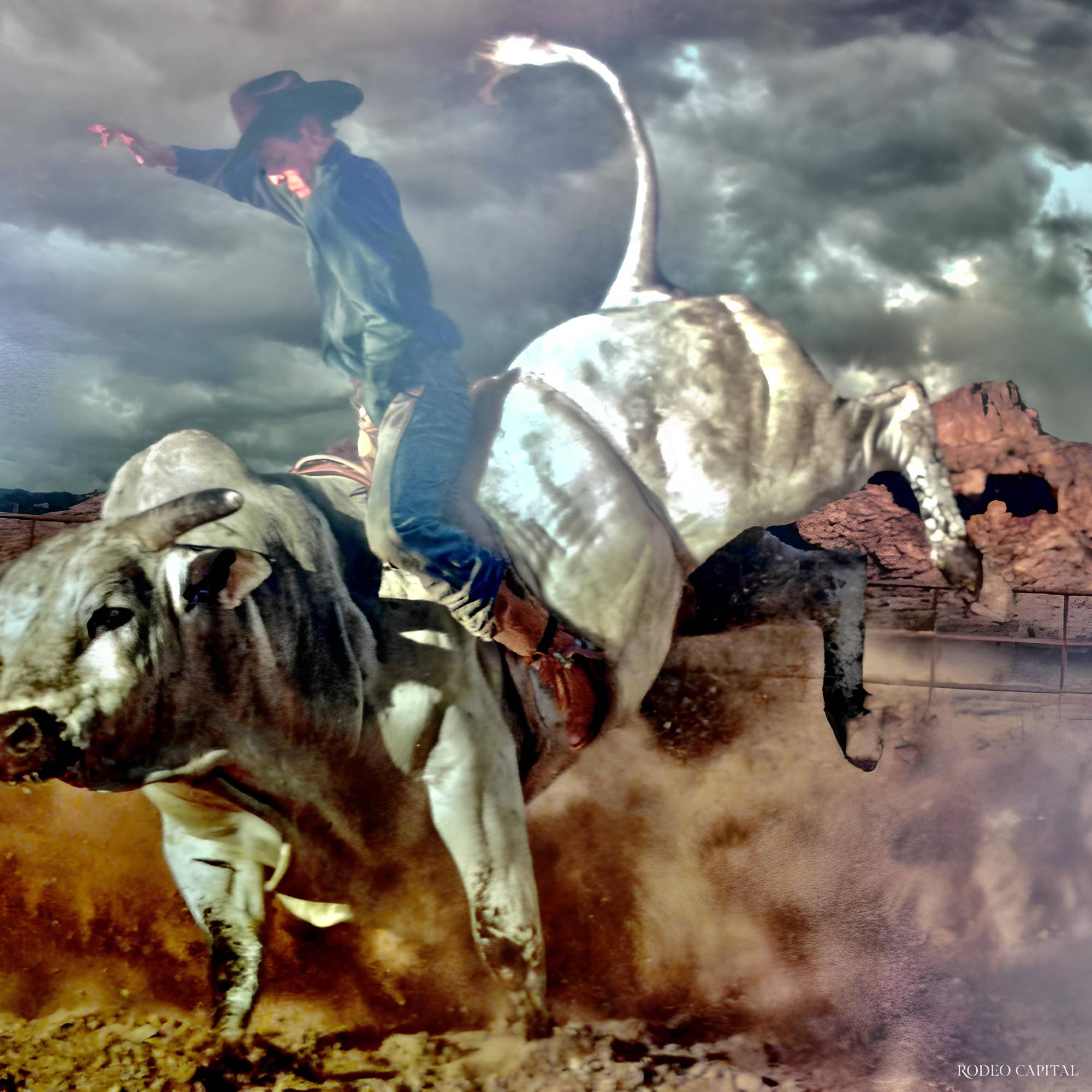 Una postal casi mítica del coraje vaquero: Paco Galindo, suspendido entre el lomo del toro y el polvo del desierto, en una imagen que parece salida de una novela del Viejo Oeste. La silueta del jinete se funde con el cielo encapotado, recordándonos que el rodeo es también un duelo entre hombre, animal y destino. $!Una postal casi mítica del coraje vaquero: Paco Galindo, suspendido entre el lomo del toro y el polvo del desierto, en una imagen que parece salida de una novela del Viejo Oeste. La silueta del jinete se funde con el cielo encapotado, recordándonos que el rodeo es también un duelo entre hombre, animal y destino.