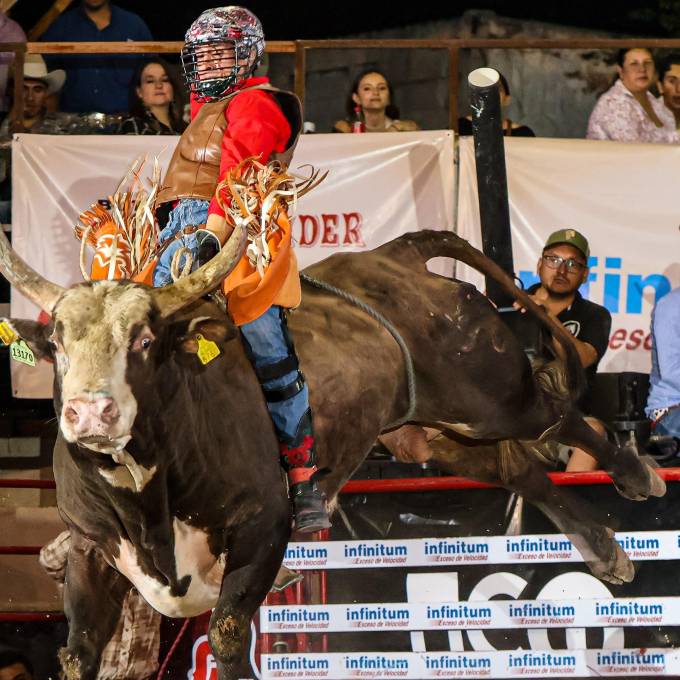 Octavio Torres al lomo de Cat Bird. Foto ganadora del concurso de Mejor Fotografía en el Campeonato Mexicano de Monta de Toro.